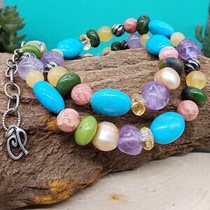 Carolyn Pollack Gemstone Freshwater Pearls + Silver Bead 16" Necklace + 3.5"ext